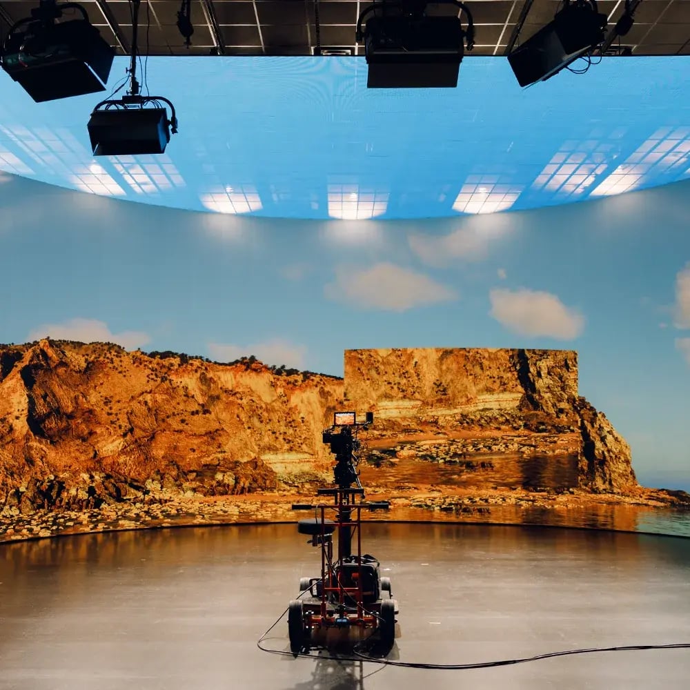 A camera dolly sits in Studio A at Forge