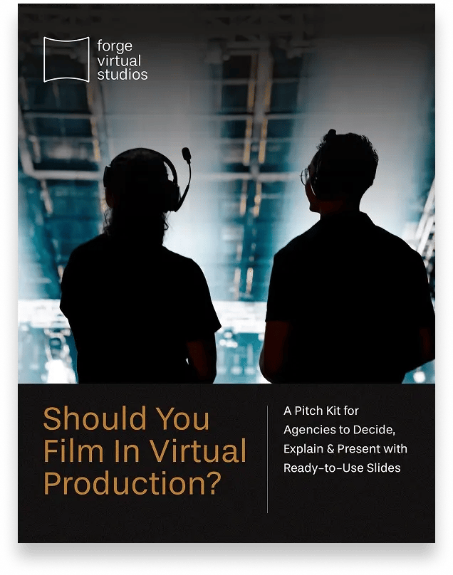 Two crew members wearing headsets stand in a studio while observing a virtual production set, promoting a pitch kit for agencies considering virtual production.